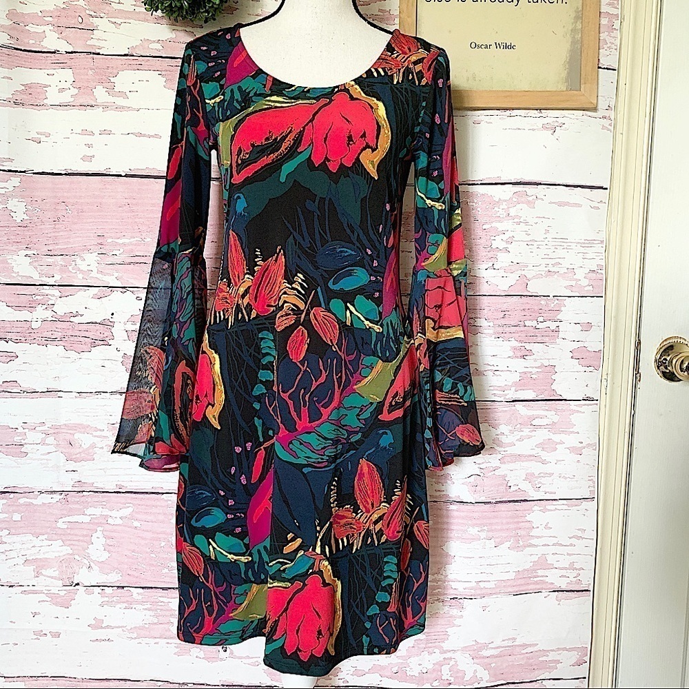 PRELUDE Floral Print Long Flutter Sleeve Dress XS